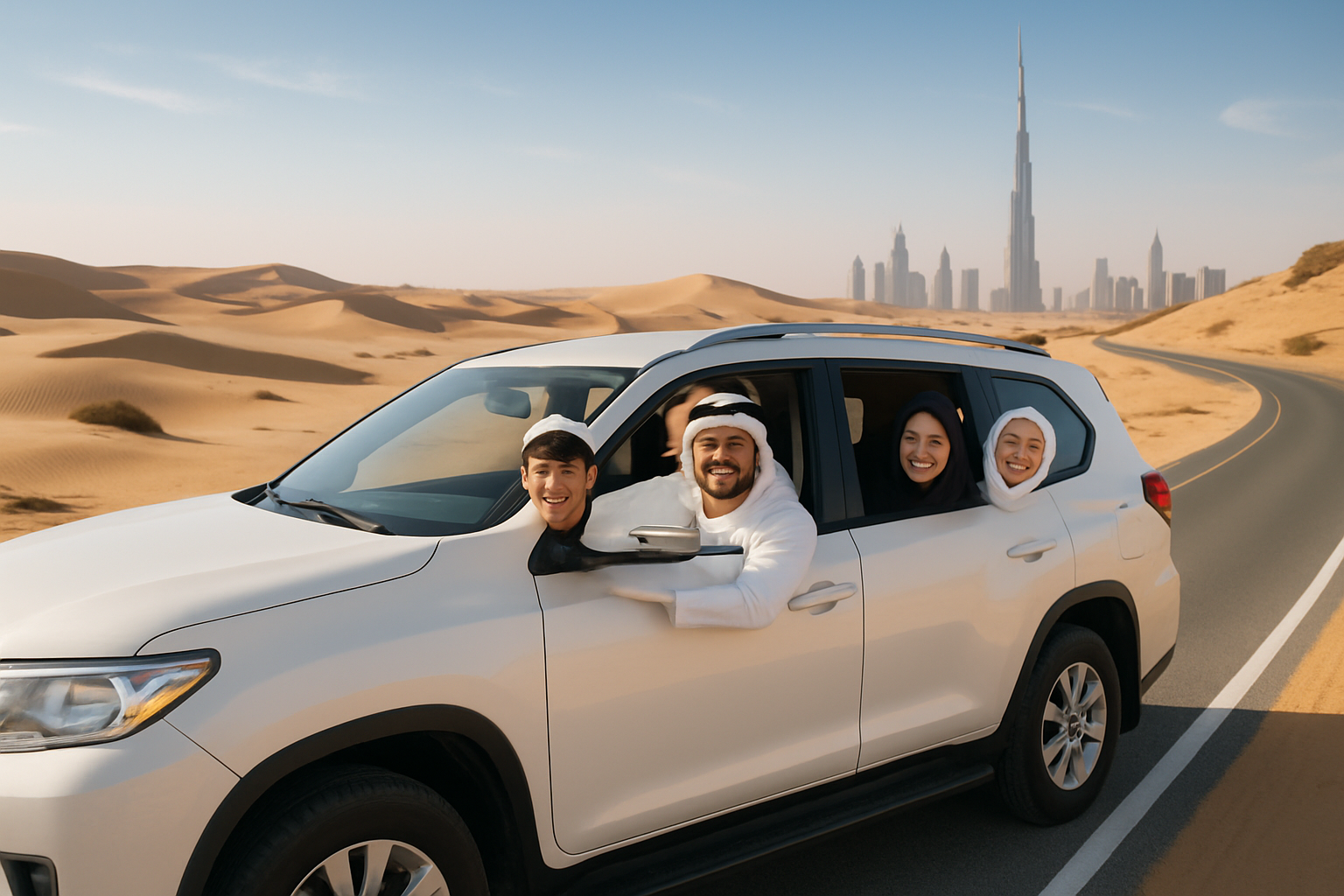Family enjoying a road trip in Dubai with scenic desert views