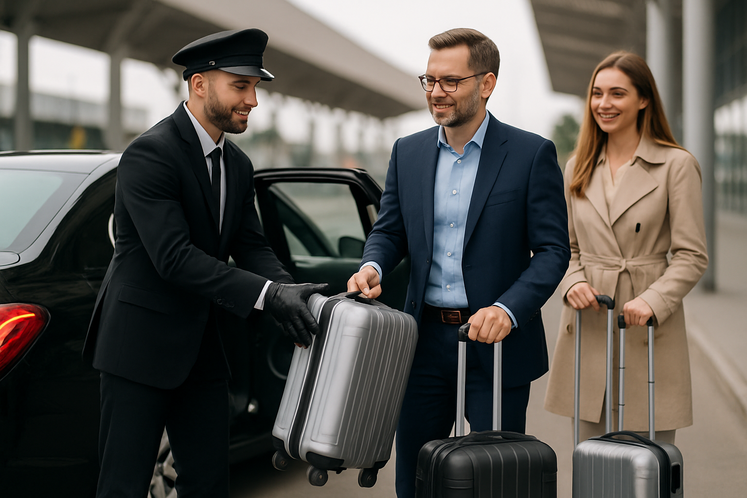Professional chauffeur assisting passengers with luggage for airport transfer