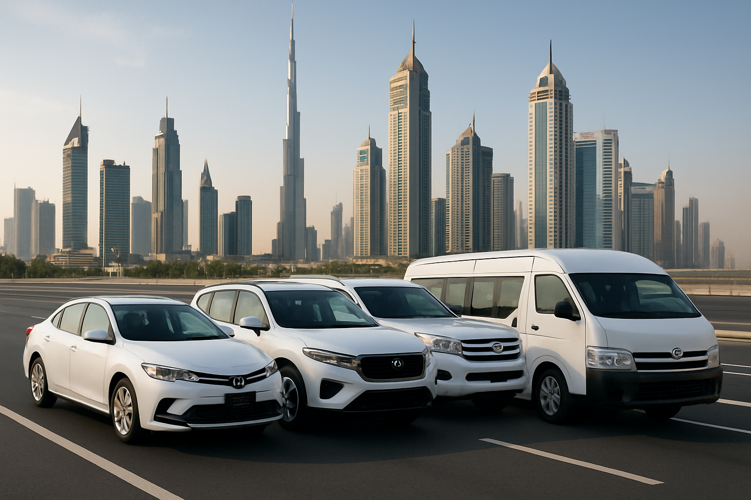 Modern fleet of vehicles for road travel in Dubai